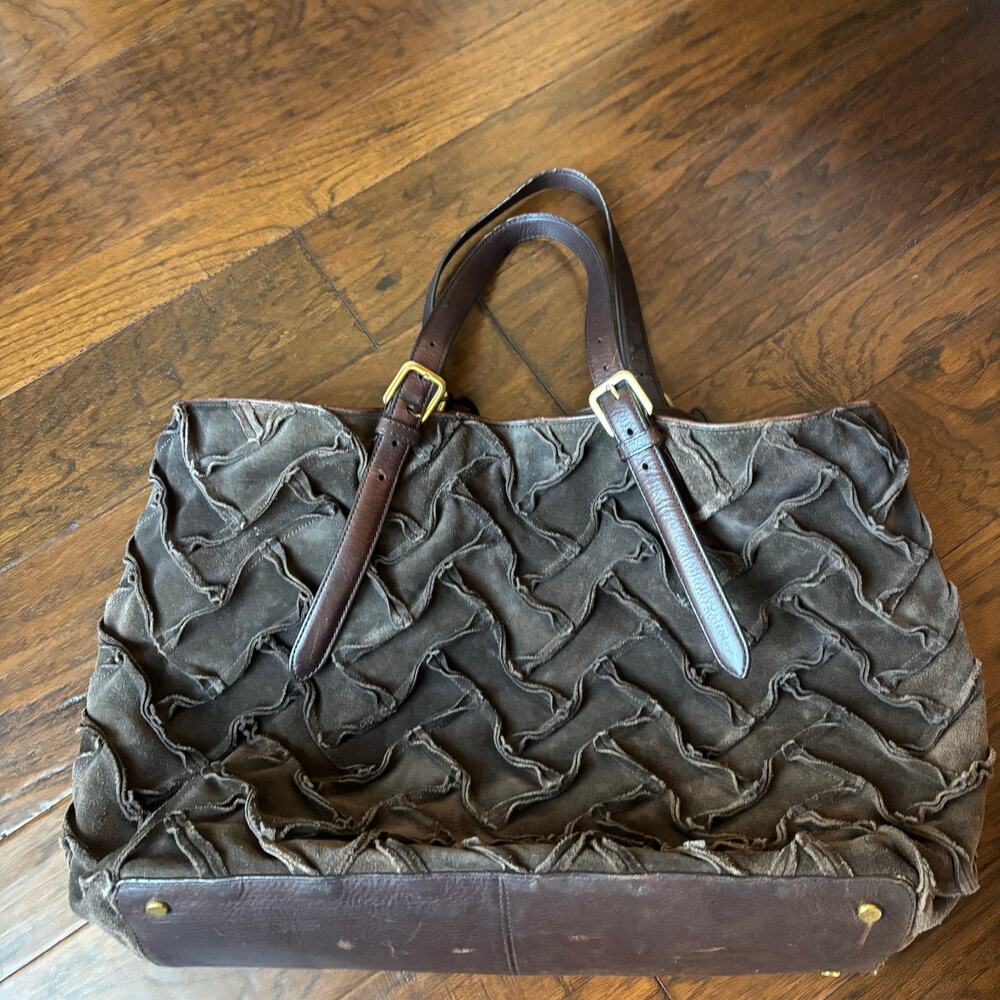 Cole Haan Sloane Woven Brown Suede Tote Bag Hobo Chocolate Weekender - Picture 10 of 16